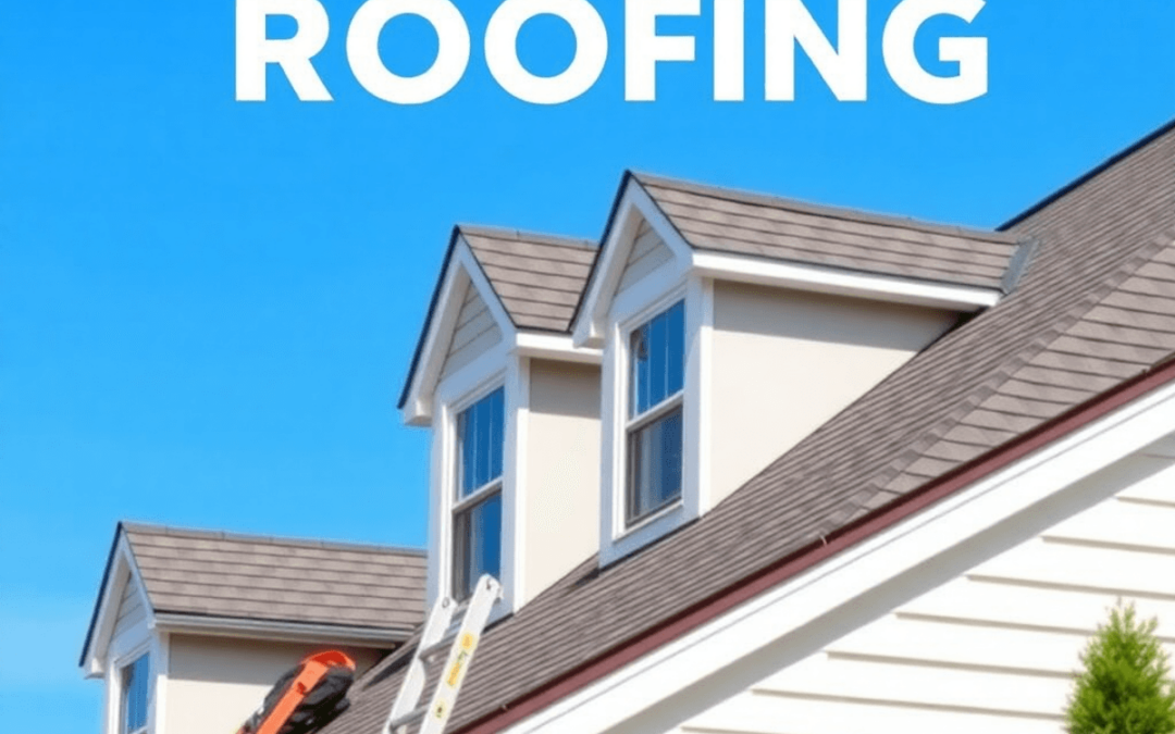 A suburban house with a well-maintained roof featuring quality shingles, under clear blue skies, accompanied by a ladder and safety gear nearby.