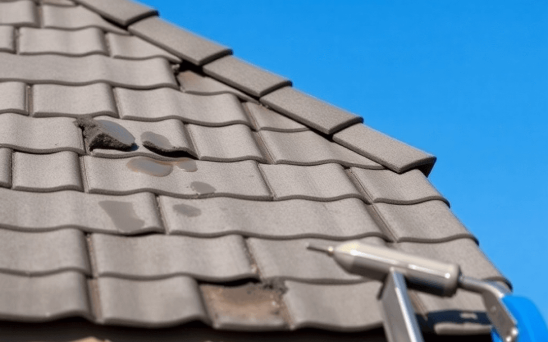 Close-up of a damaged roof with water stains, a clear blue sky in the background, and tools like a ladder and roofing materials indicating maintena...