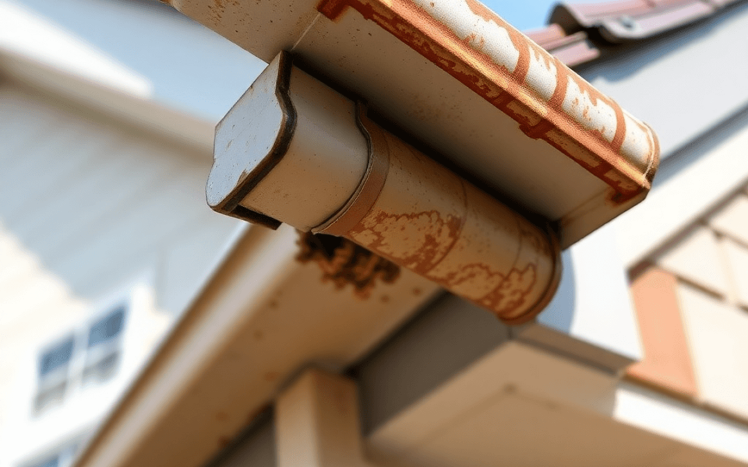 Close-up of a worn residential gutter system with gaps, cracks, and rust, set against a well-maintained home and clear blue sky, highlighting the n...